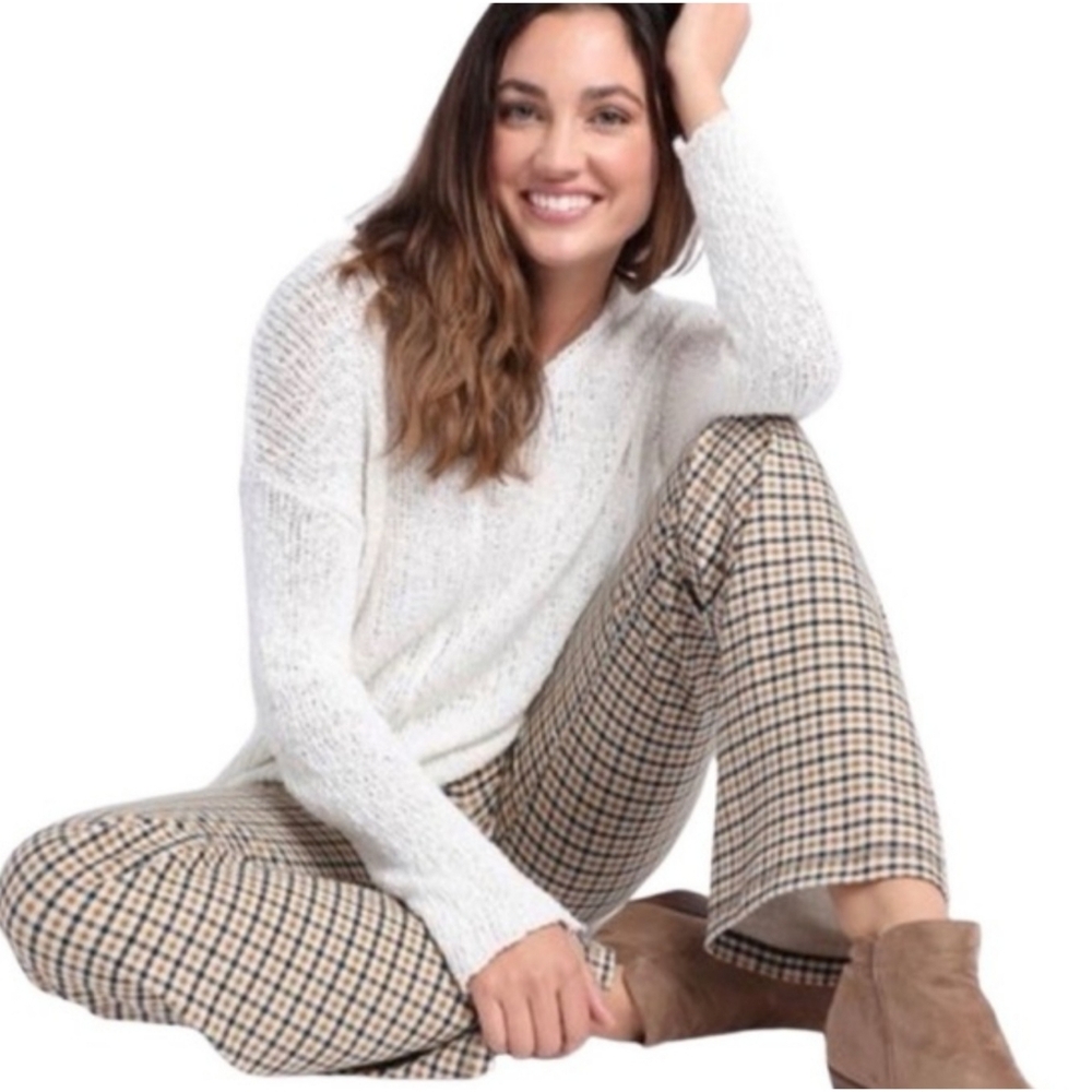 Betabrand Flare Leg Plaid Pants Cream, Navy & Golden Yellow Size M